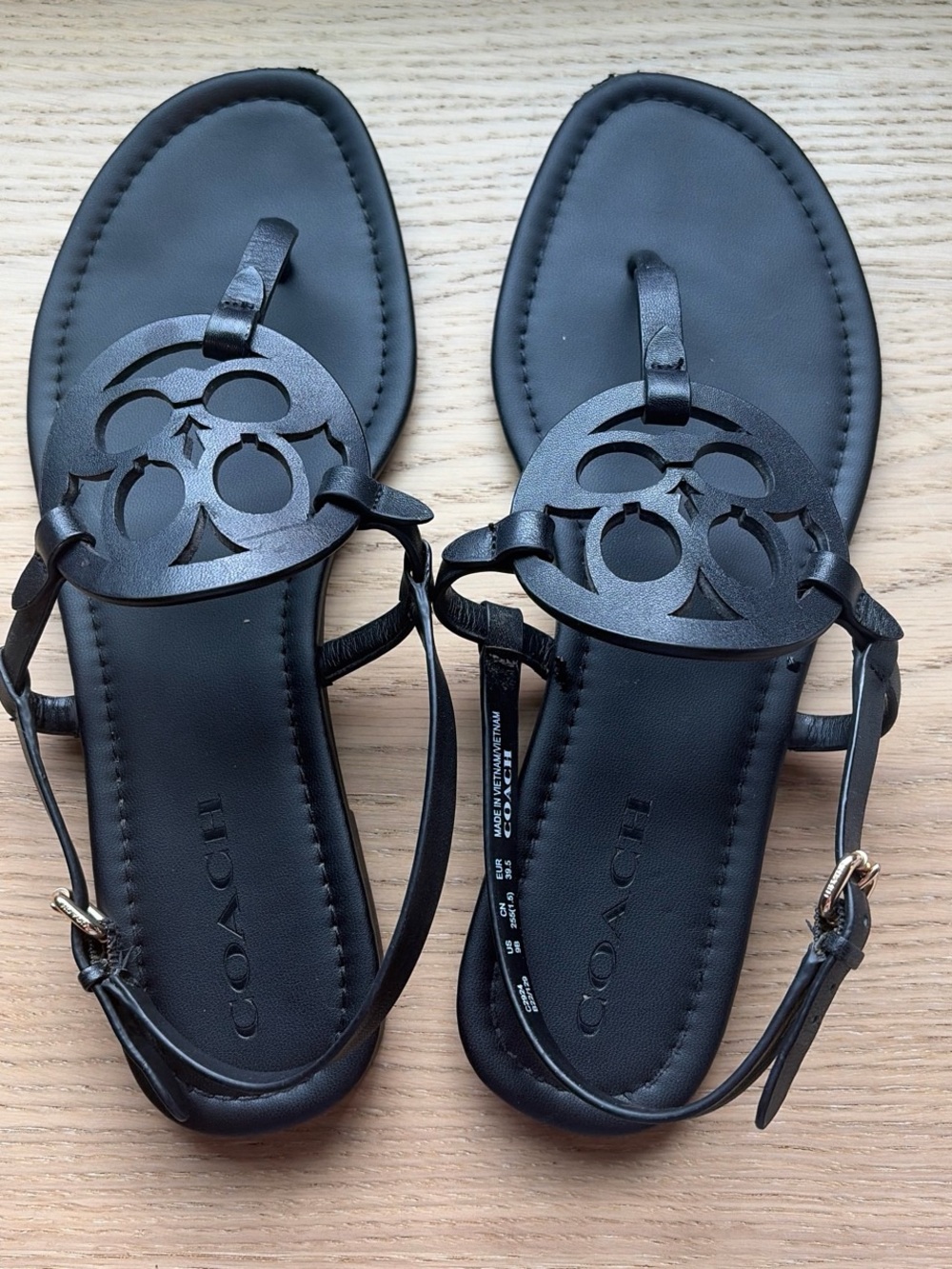 Coach Jaci Logo T-strap Flat Black Leather Sandals Slingback Women's 9B